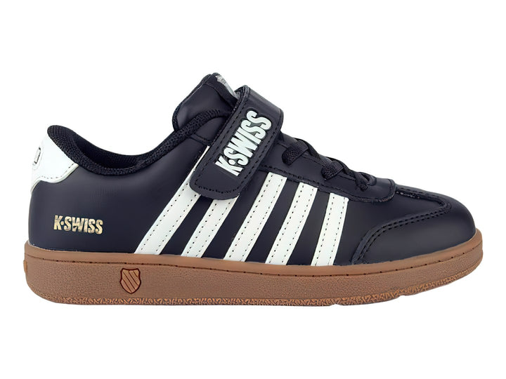 Tenis K-Swiss Francis Court en color azul marino con rayas blancas y suela café para niño.