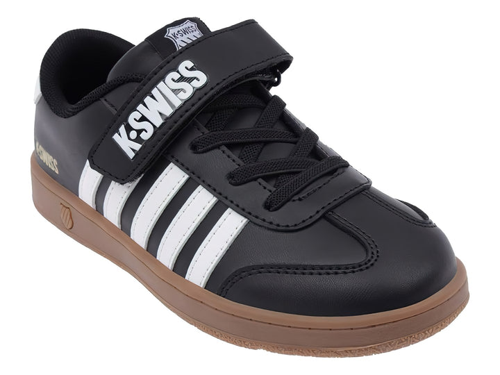 Tenis K-Swiss Francis Court en color azul marino con rayas blancas y suela café para niño.