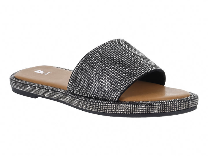 Sandalia deslizable de marca EFE en color negro con textura textil brillante y suela plana.