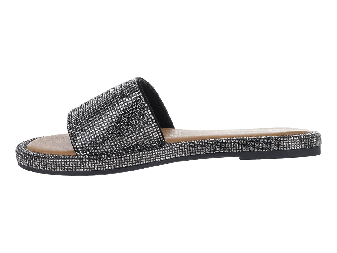Sandalia deslizable de marca EFE en color negro con textura textil brillante y suela plana.