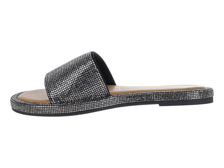 Sandalia deslizable de marca EFE en color negro con textura textil brillante y suela plana.