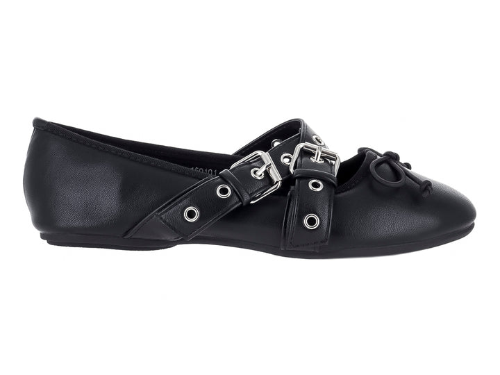 Zapato plano negro estilo Mary Jane con doble correa y hebillas plateadas.