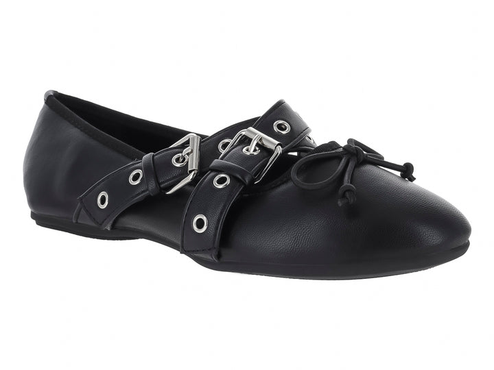 Zapato plano negro estilo Mary Jane con doble correa y hebillas plateadas.
