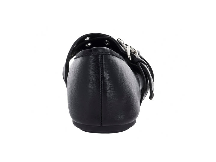 Zapato plano negro estilo Mary Jane con doble correa y hebillas plateadas.