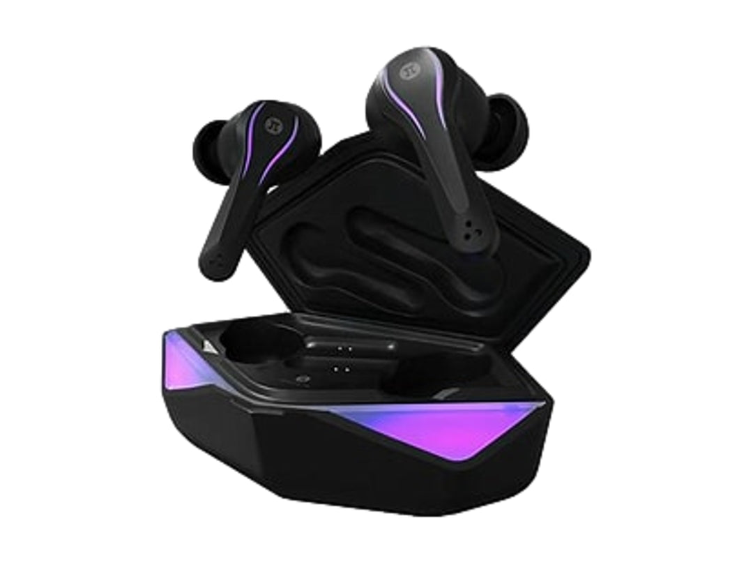 Audífonos inalámbricos Arcus color negro con detalles en morado y estuche de carga con iluminación LED.