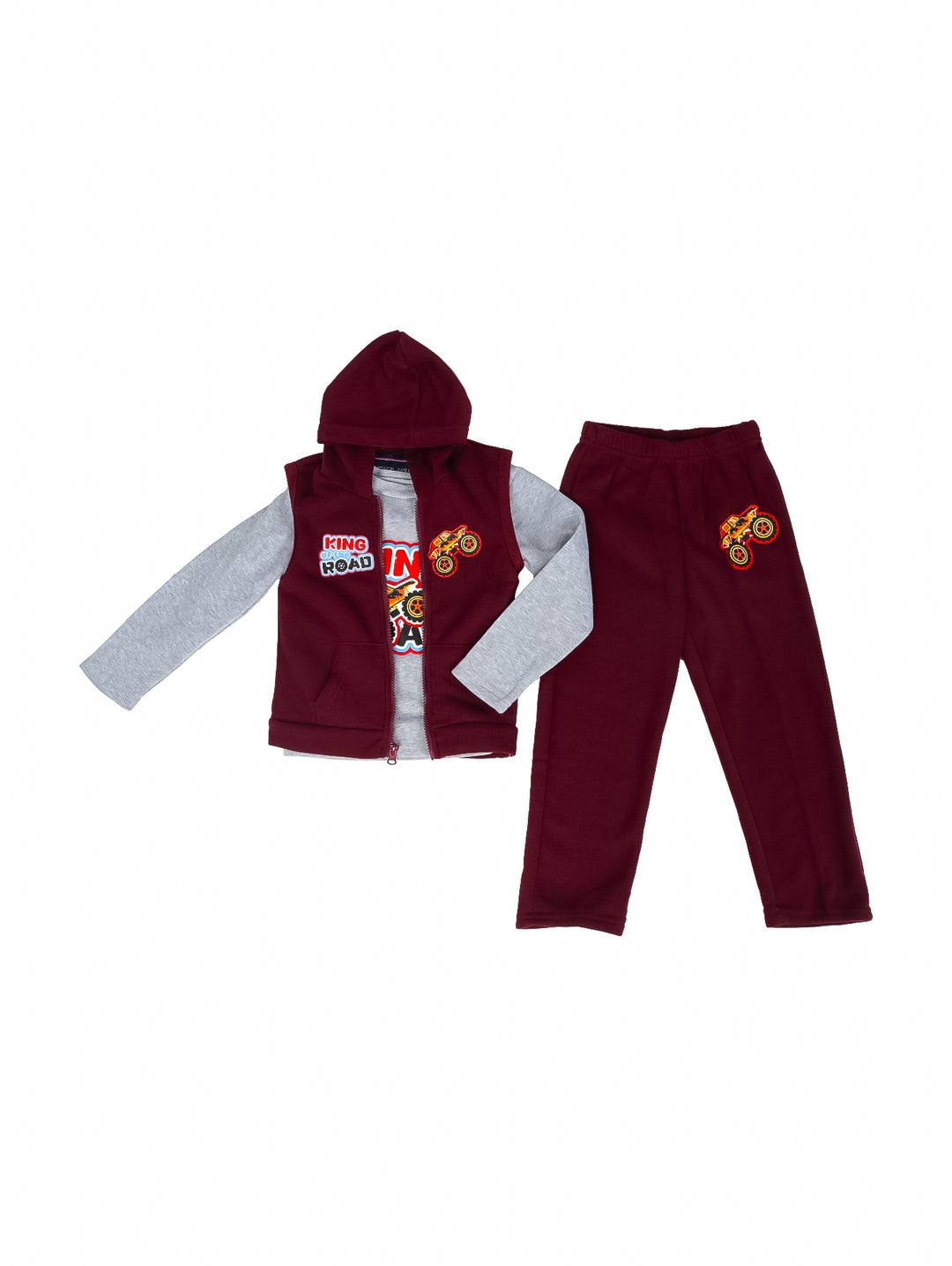 Conjunto de ropa infantil de tres piezas: pantalón, sudadera y chaleco en colores burgundy y gris.