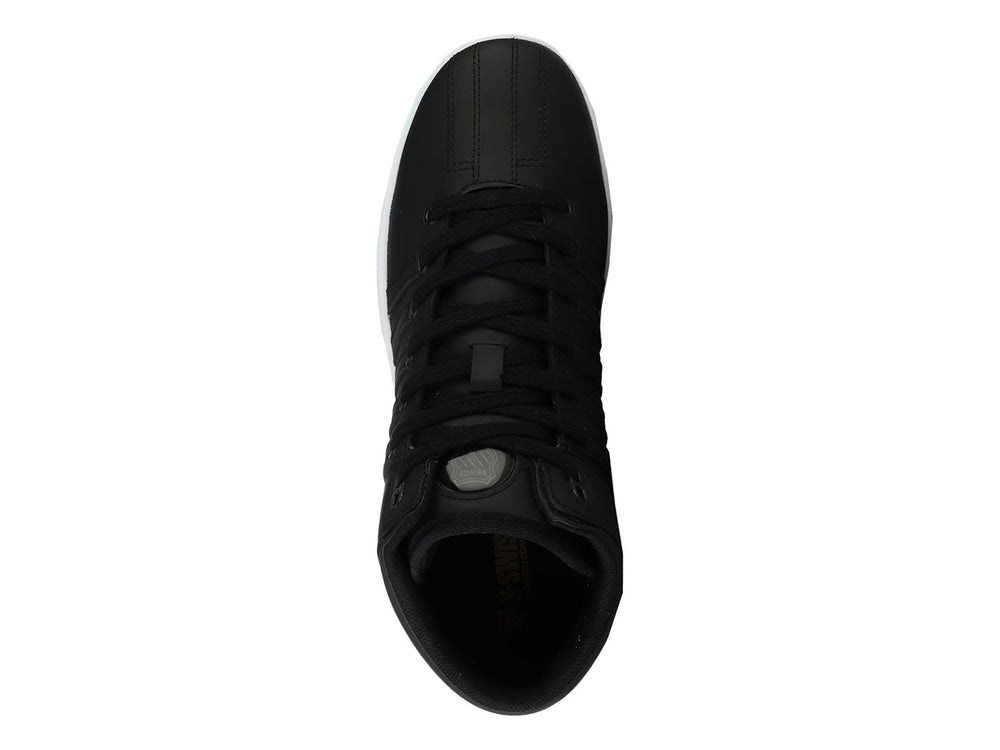 Tenis K-Swiss Court Pro Chukka color negro con suela blanca y diseño de corte alto.