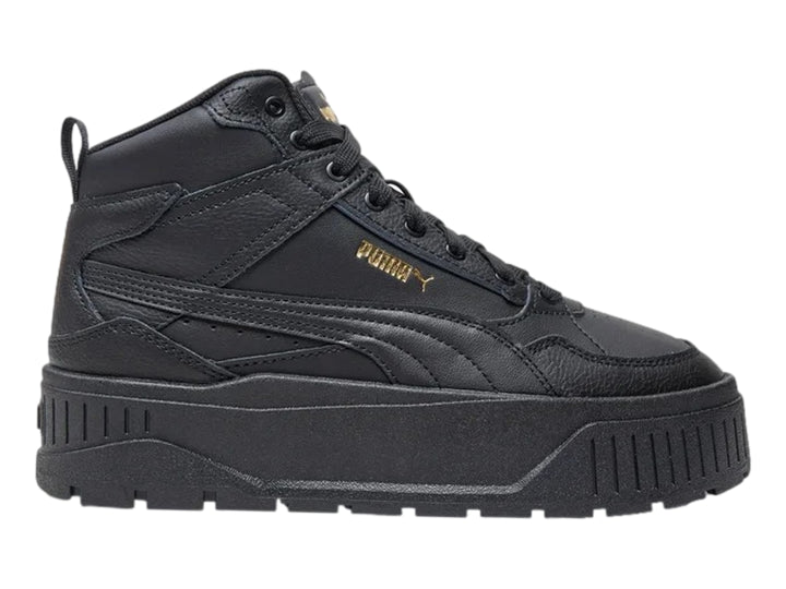 Tenis PUMA Carmen II Idol Mid en color negro con detalles dorados y suela de plataforma gruesa.