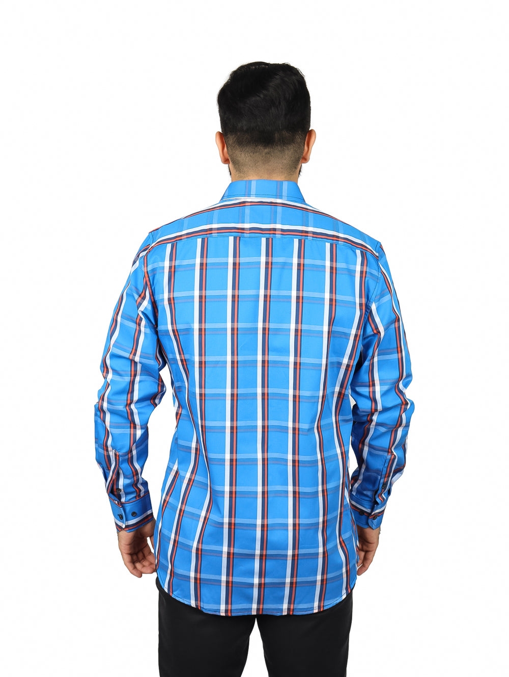 Camisa de manga larga para hombre en color azul con estampado de cuadros rojos y blancos.