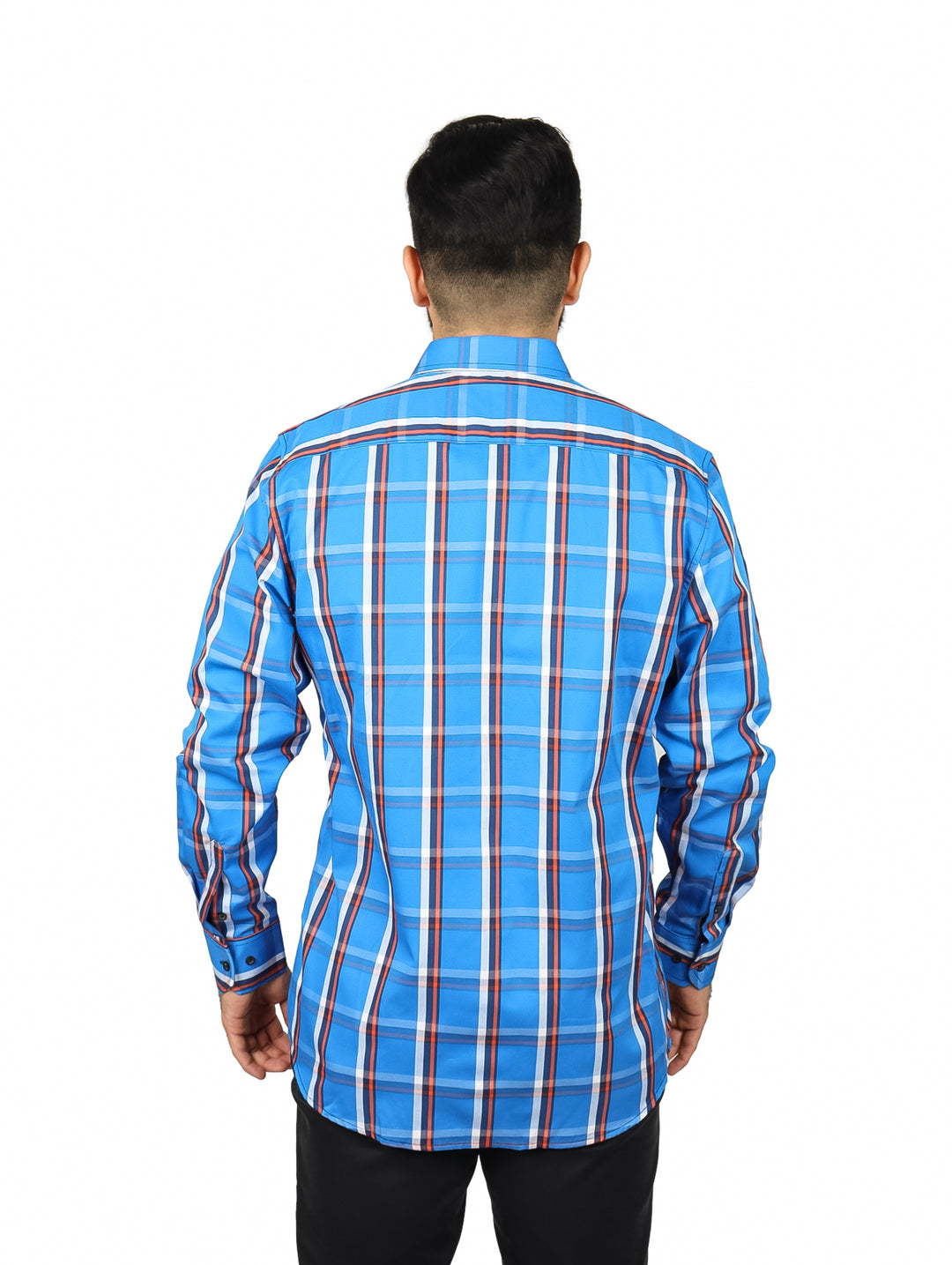 Camisa de manga larga para hombre en color azul con estampado de cuadros rojos y blancos.