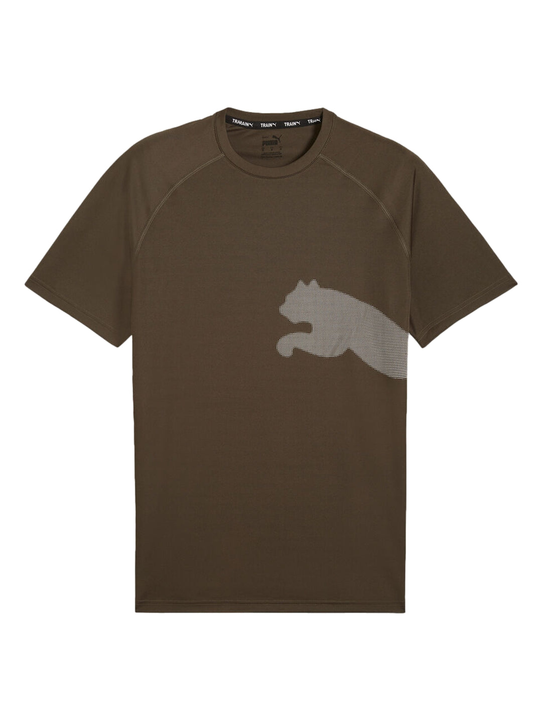 Camiseta deportiva PUMA color verde oliva oscuro con logo de gato grande en tono similar.