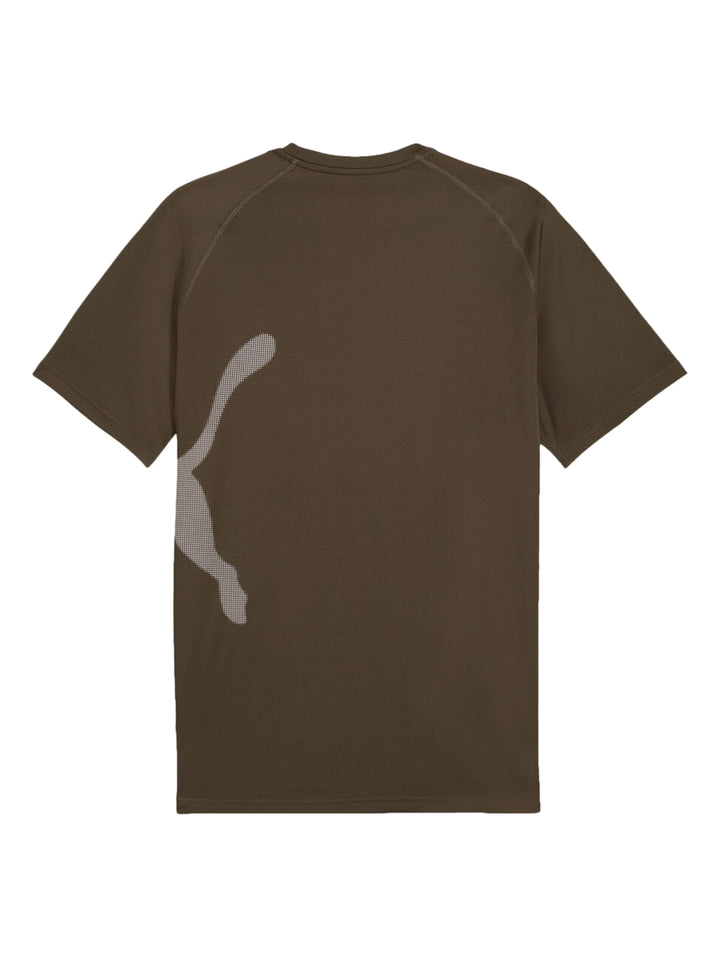 Camiseta deportiva PUMA color verde oliva oscuro con logo de gato grande en tono similar.