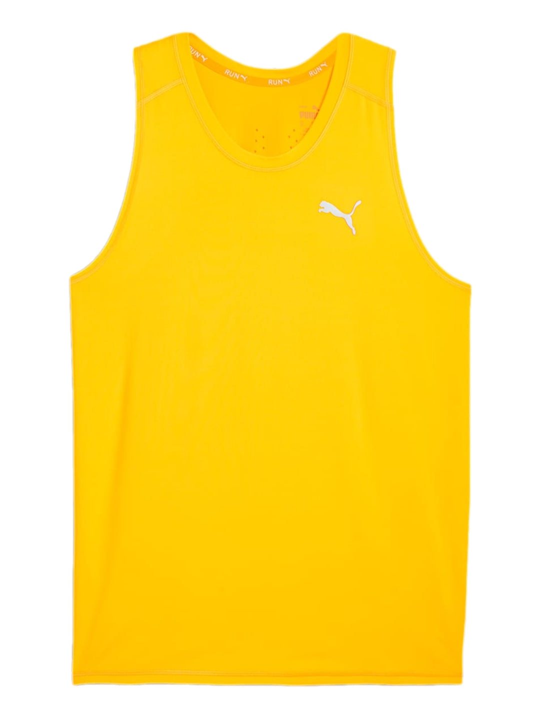 Hombre vistiendo una camiseta deportiva sin mangas de color amarillo intenso de la marca PUMA.