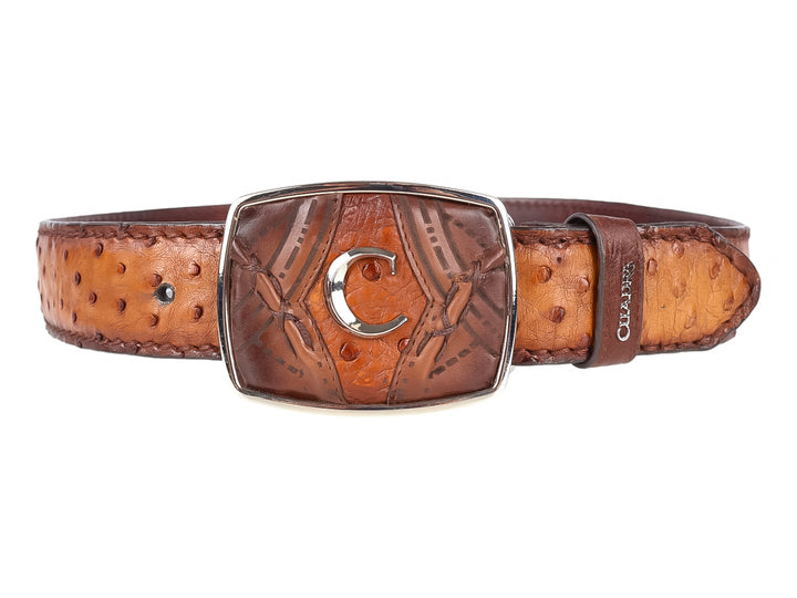 Cinturón de cuero marrón con textura de avestruz y hebilla metálica con logo C.