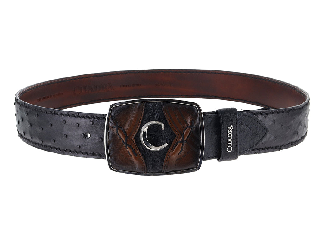 Cinto de cuero de avestruz negro con hebilla decorativa marrón y logo plateado de Cuadra.