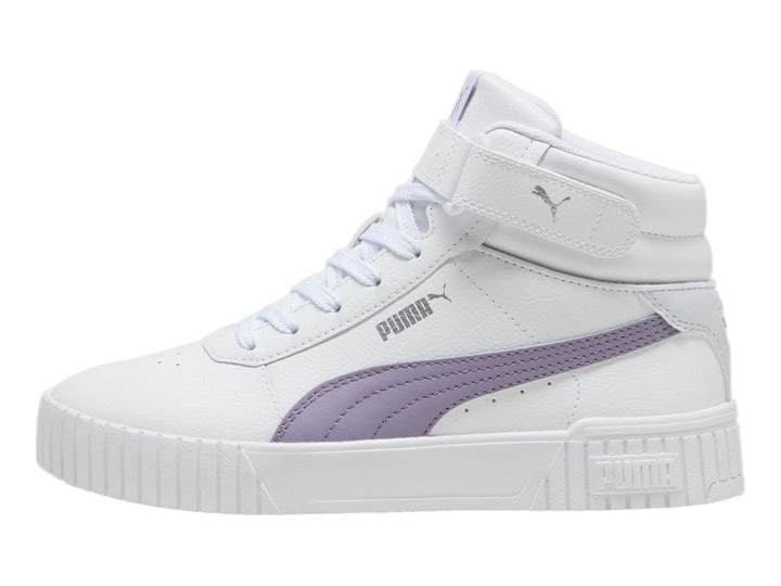Tenis PUMA Carina 2.0 Mid color blanco con detalle en morado y suela de plataforma.