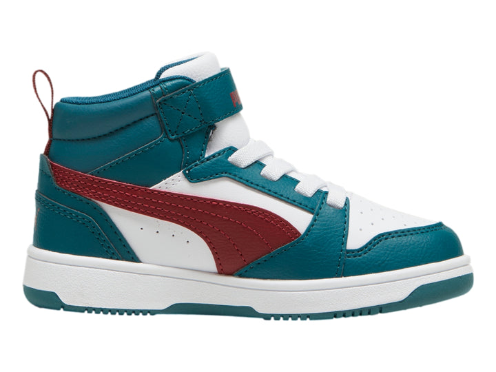 Tenis PUMA Rebound V6 Mid Verde, Blanco y Rojo para Niño