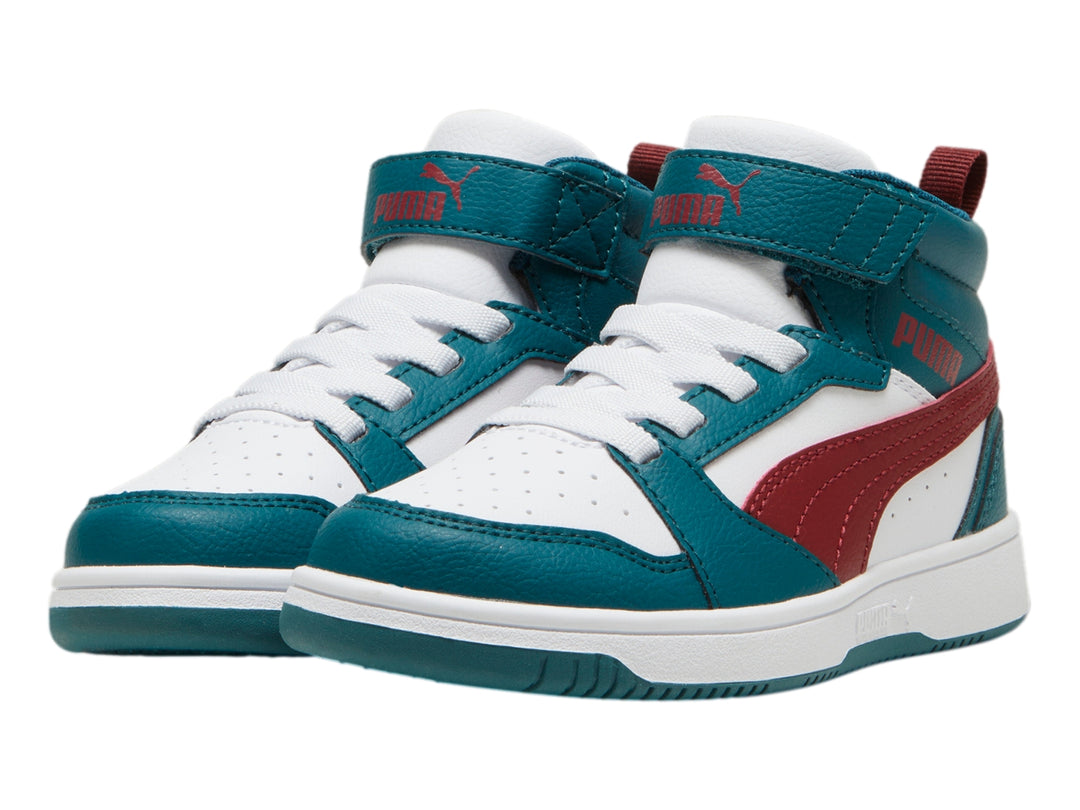 Tenis PUMA Rebound V6 Mid Verde, Blanco y Rojo para Niño