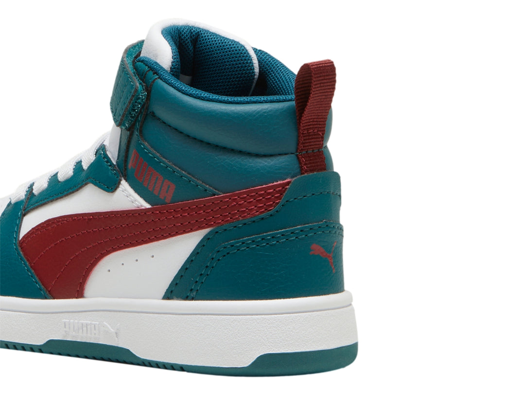 Tenis PUMA Rebound V6 Mid Verde, Blanco y Rojo para Niño