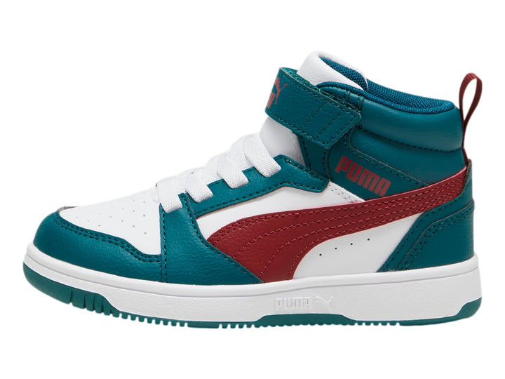 Tenis PUMA Rebound V6 Mid Verde, Blanco y Rojo para Niño