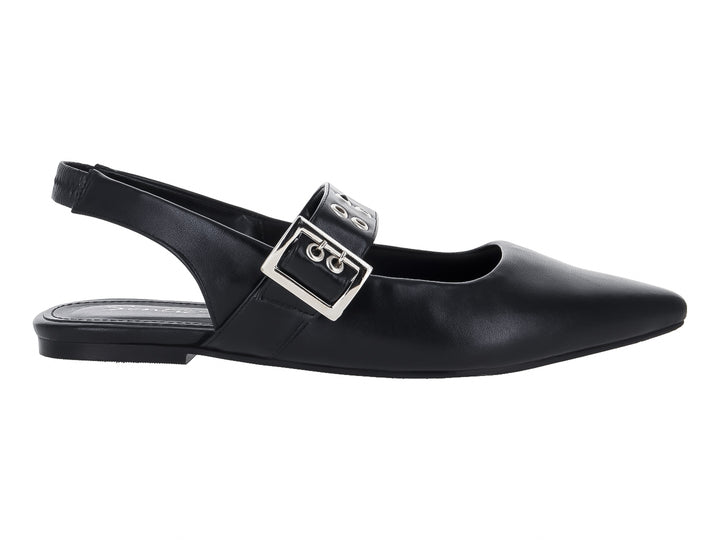 Zapato plano negro para Mujer con punta fina, hebilla plateada y correa posterior.