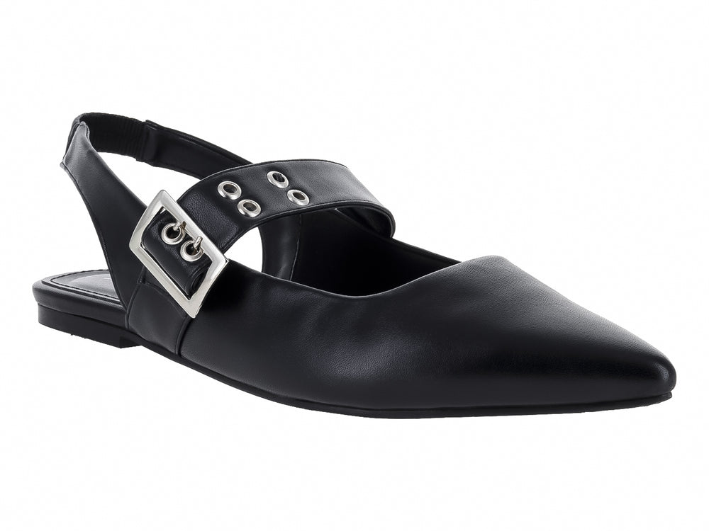 Zapato plano negro para Mujer con punta fina, hebilla plateada y correa posterior.
