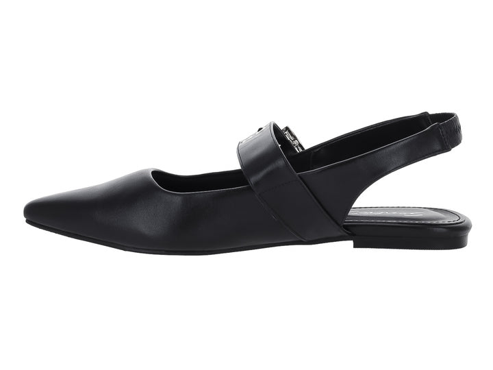 Zapato plano negro para Mujer con punta fina, hebilla plateada y correa posterior.