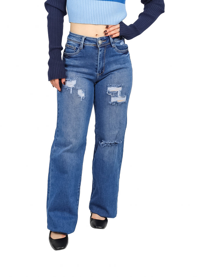 Jeans NYD Jeans Ancho Desgarrado Color Stone para Mujer