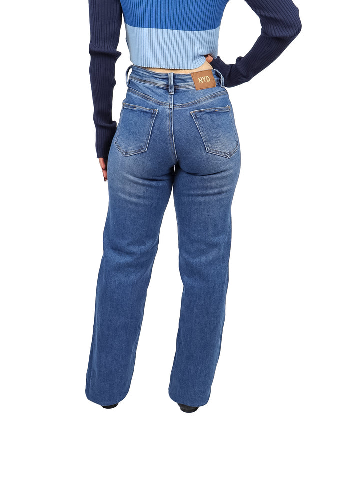 Jeans NYD Jeans Ancho Desgarrado Color Stone para Mujer