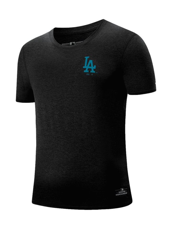 Camiseta deportiva negra de manga corta con logotipo de Los Angeles Dodgers en el pecho.