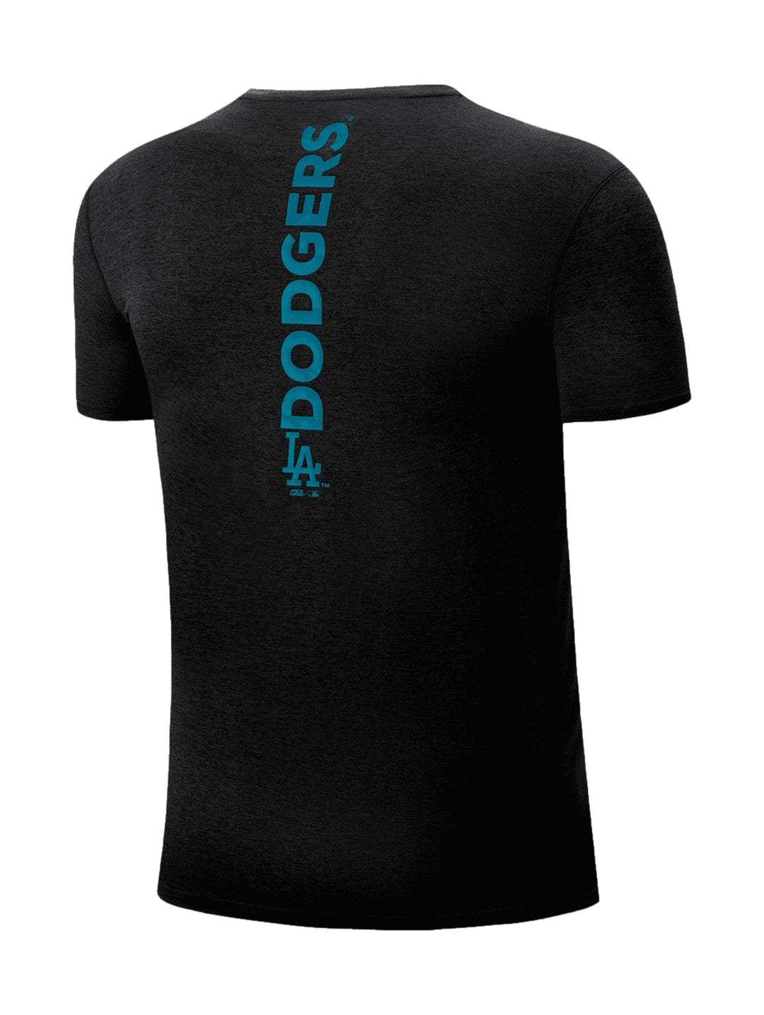 Camiseta deportiva negra de manga corta con logotipo de Los Angeles Dodgers en el pecho.