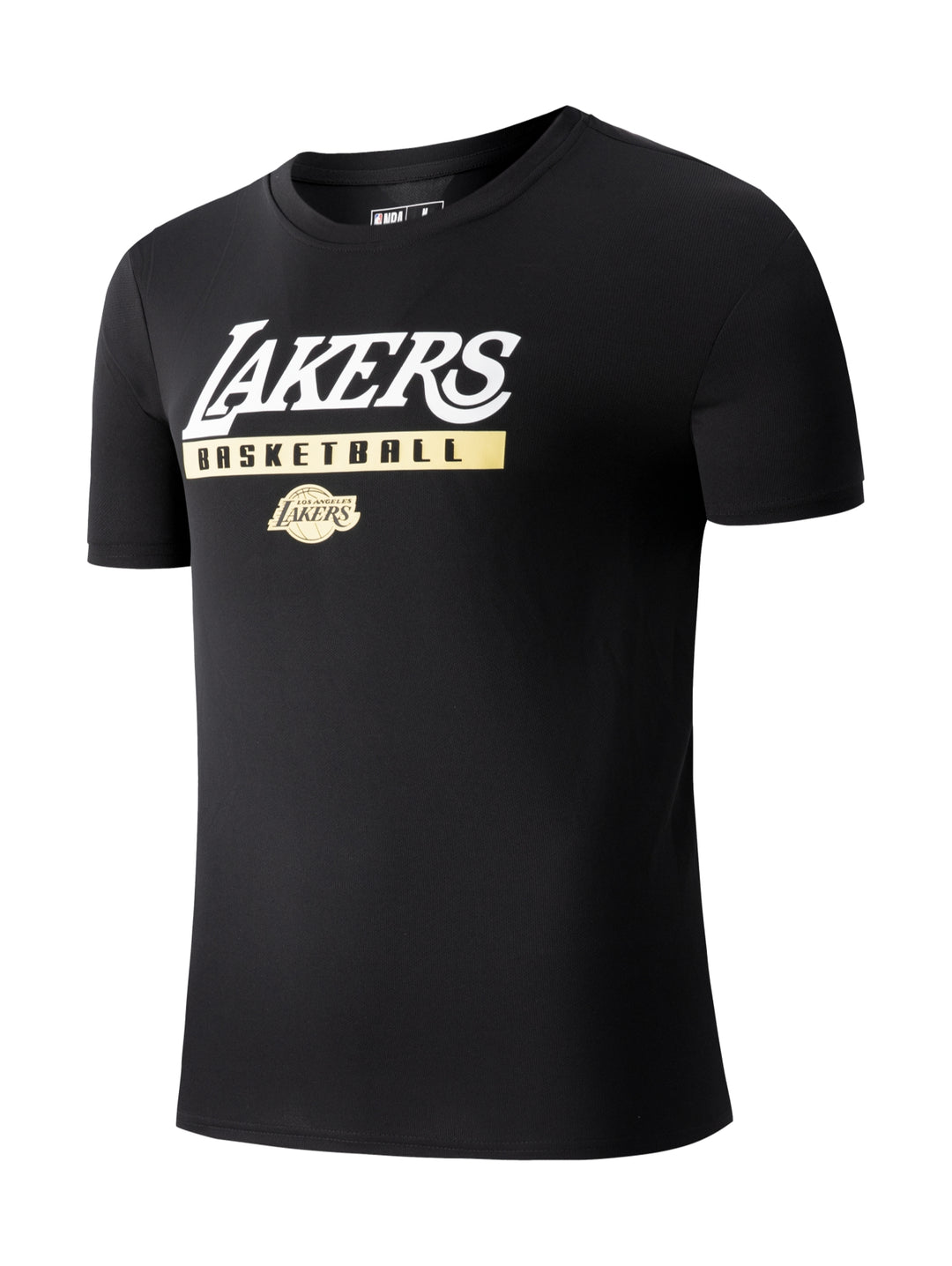 Playera deportiva negra de manga corta con logotipo de Los Angeles Lakers en el pecho.