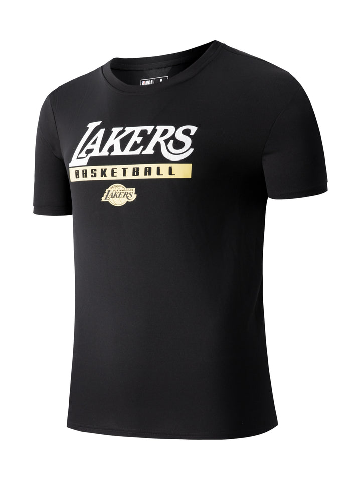 Playera deportiva negra de manga corta con logotipo de Los Angeles Lakers en el pecho.