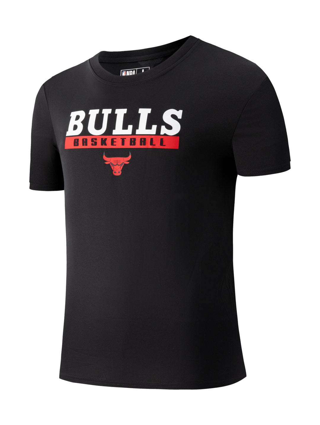 Camiseta deportiva negra de manga corta con estampado de los Chicago Bulls en el pecho.