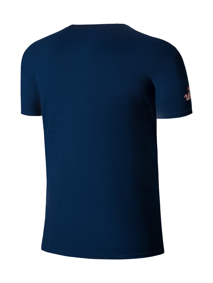 Jersey de béisbol color navy con letras blancas de los Dodgers y logo LA.