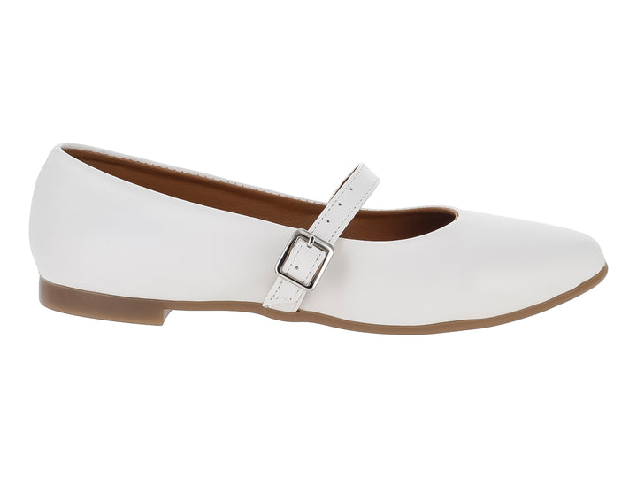 Zapato plano color blanco para Niña con correa y hebilla plateada.