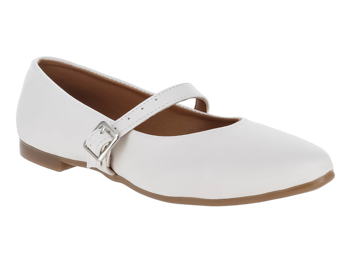 Zapato plano color blanco para Niña con correa y hebilla plateada.