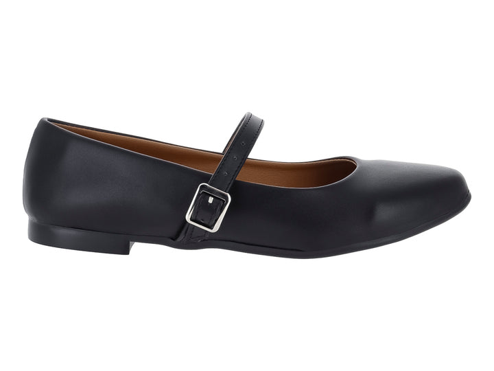 Zapato plano negro estilo Mary Jane con correa y hebilla plateada.