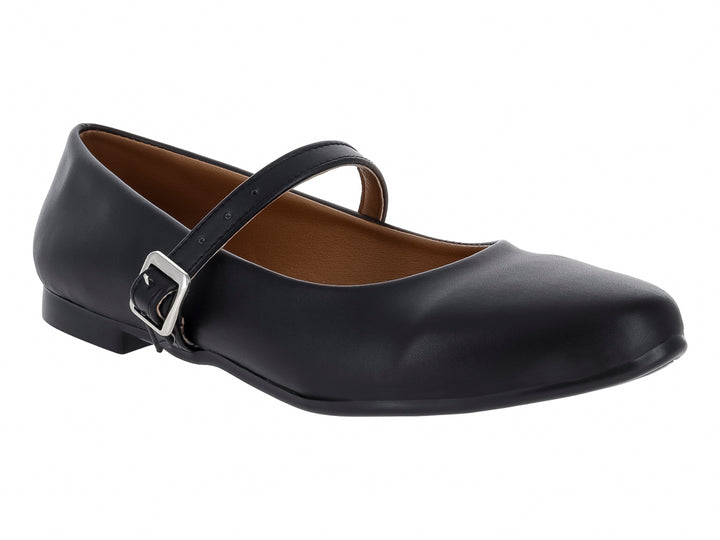 Zapato plano negro estilo Mary Jane con correa y hebilla plateada.