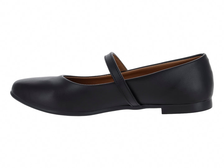 Zapato plano negro estilo Mary Jane con correa y hebilla plateada.
