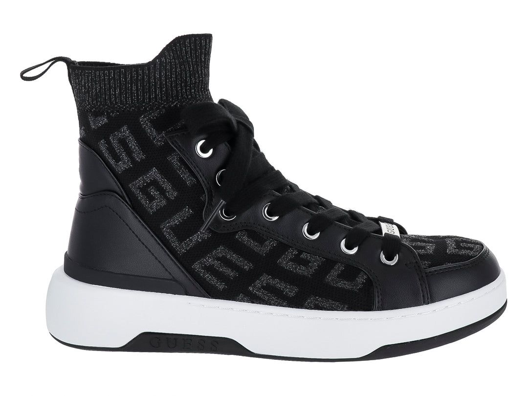Tenis Guess de bota alta en color negro con suela blanca y detalles de tejido.