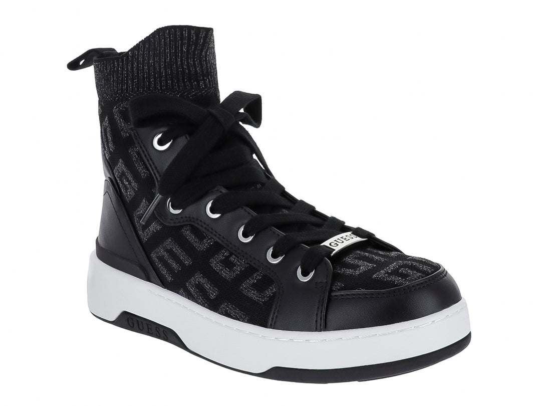 Tenis Guess de bota alta en color negro con suela blanca y detalles de tejido.