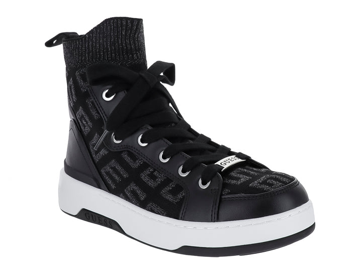 Tenis Guess de bota alta en color negro con suela blanca y detalles de tejido.