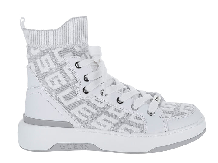 Tenis tipo bota Guess en color blanco y gris con diseño de calcetín y estampado de marca.