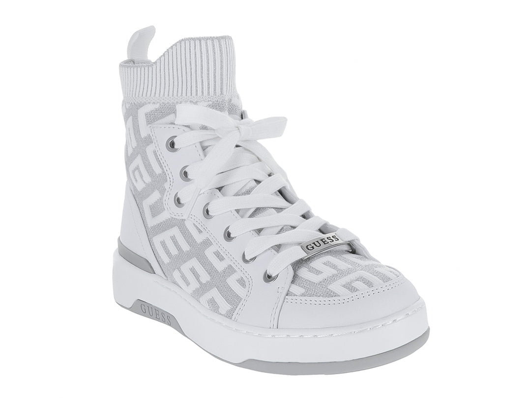 Tenis tipo bota Guess en color blanco y gris con diseño de calcetín y estampado de marca.