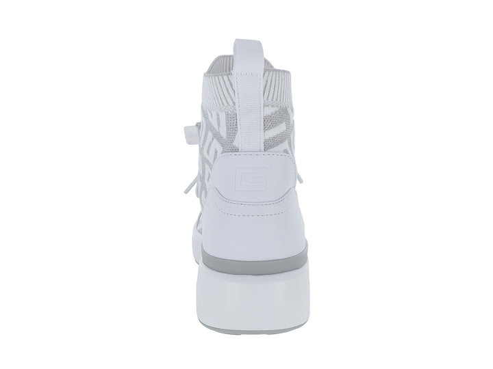 Tenis tipo bota Guess en color blanco y gris con diseño de calcetín y estampado de marca.