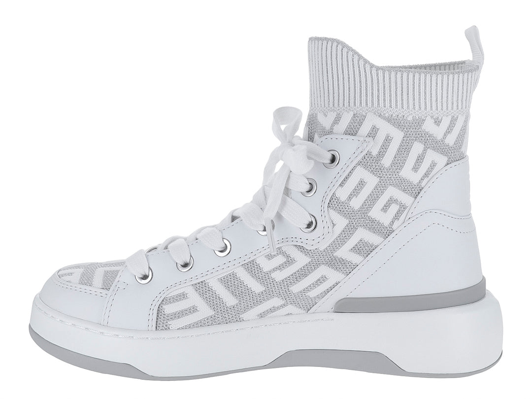 Tenis tipo bota Guess en color blanco y gris con diseño de calcetín y estampado de marca.