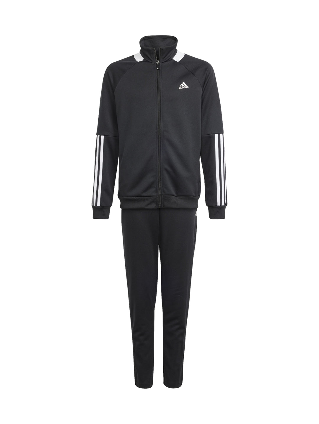 Conjunto deportivo Adidas negro con rayas blancas en las mangas, incluye chaqueta y pantalón.