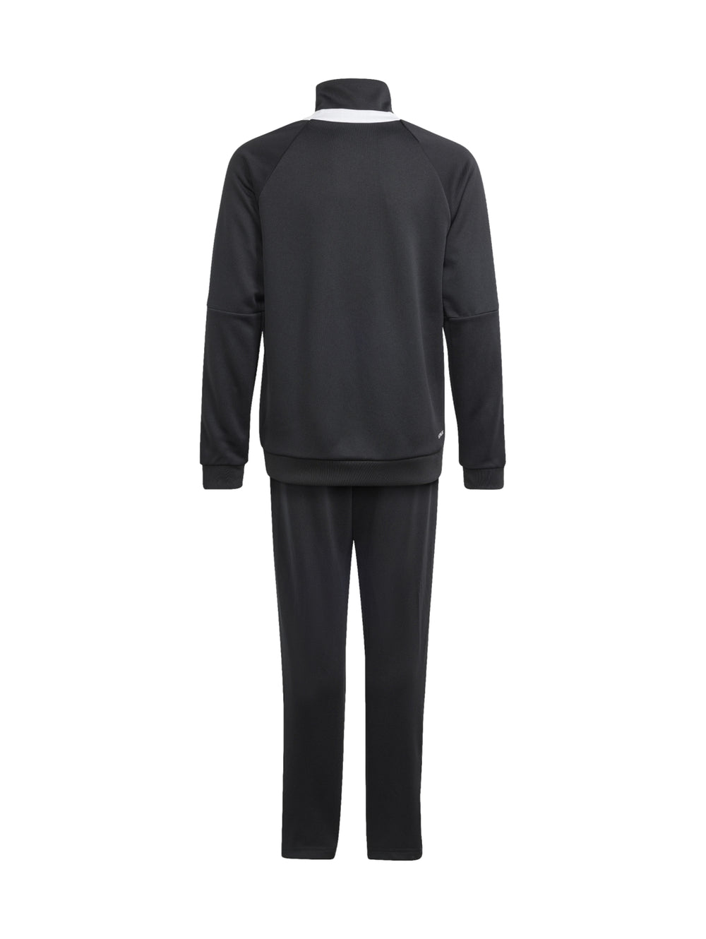 Conjunto deportivo Adidas negro con rayas blancas en las mangas, incluye chaqueta y pantalón.