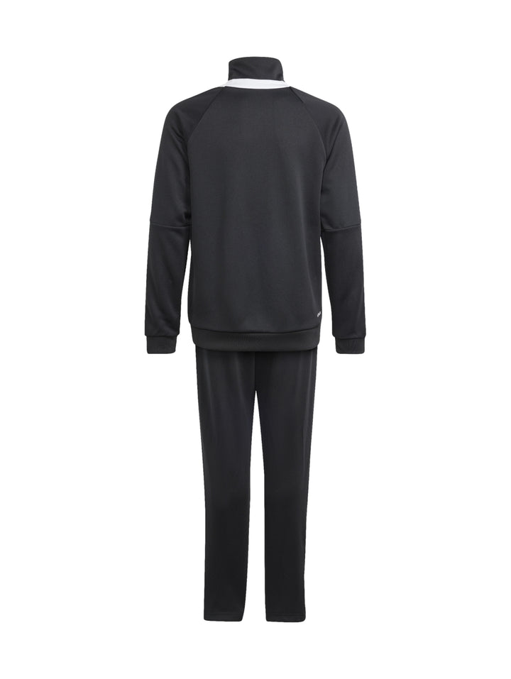 Conjunto deportivo Adidas negro con rayas blancas en las mangas, incluye chaqueta y pantalón.